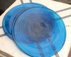 Glas, mundgeblasen, Butzenglas runde Glasscheiben farbig blau